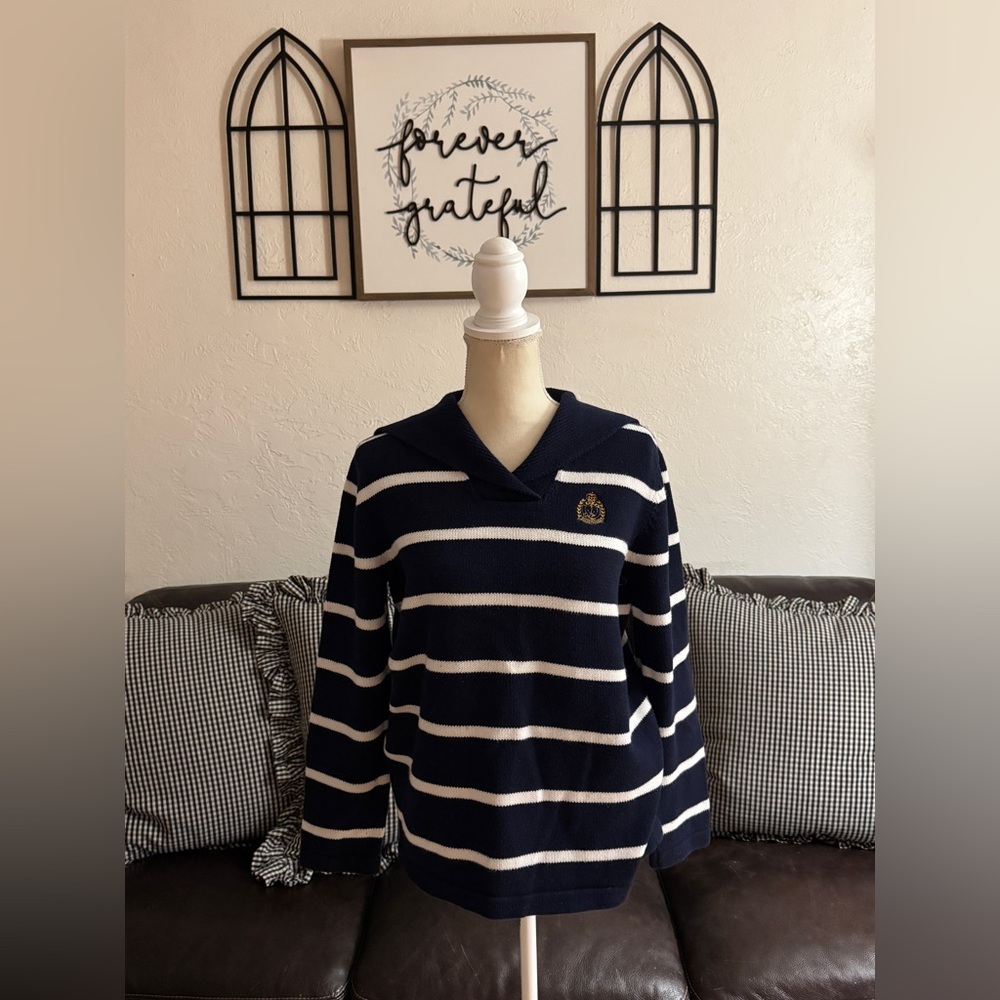 Lauren Ralph Lauren Women Sweater Nautical Emblem Navy Blue White Stripes Sz PM - Picture 15 of 15